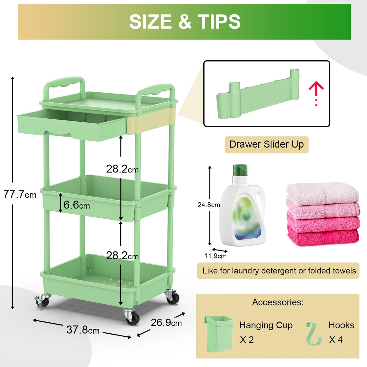 Yeabett 3 Tier Craft Trolley, Storage Trolley On Wheels Utility Cart With Drawer For Kitchen, Bathroom, Office, Living Room, Green