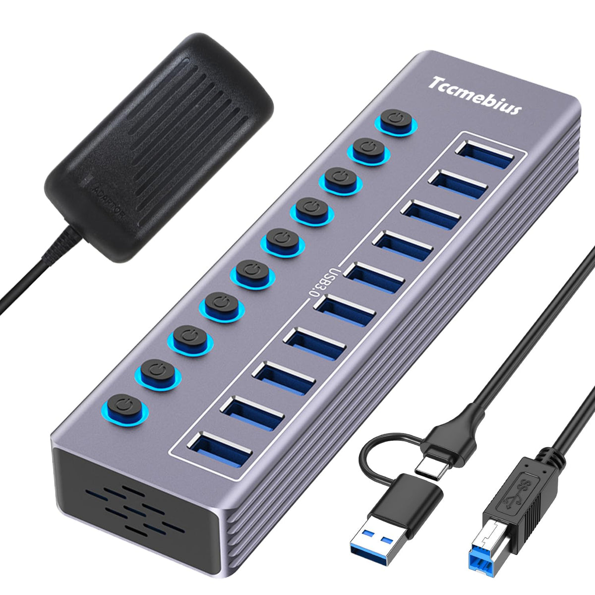 Tccmebius Powered 10-Port USB 3.0 Hub, USB C to 10 Ports USB Data Hub Splitter with Individual LED On/Off Switche, 3.3FT Cable, 12V/3A Power Adapter,