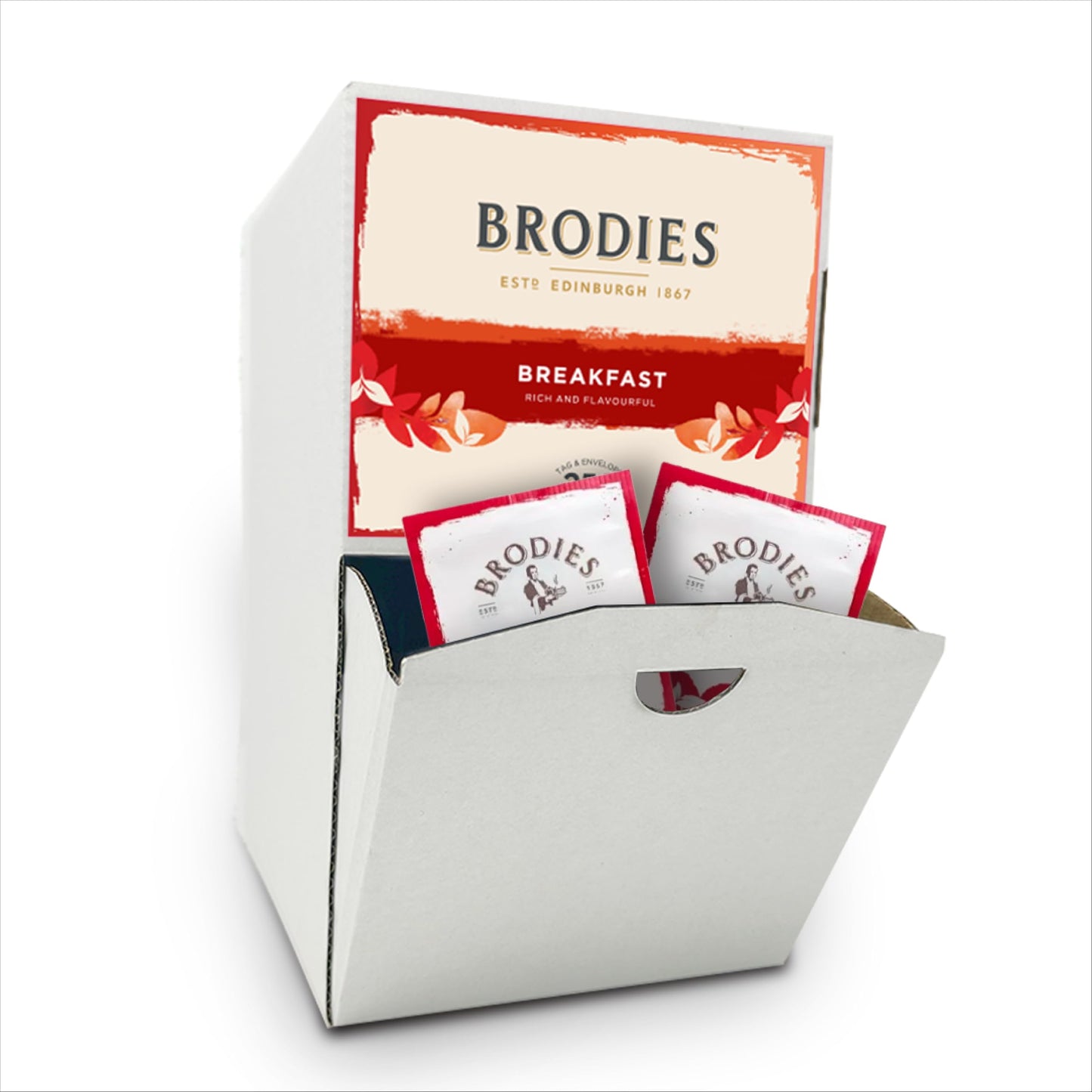 Brodies Breakfast Tag and Envelope - 1 Dispenser box of 250 tea bags - Rich and flavourful Scottish Tea with a bright and brisk malty flavour - Ideal