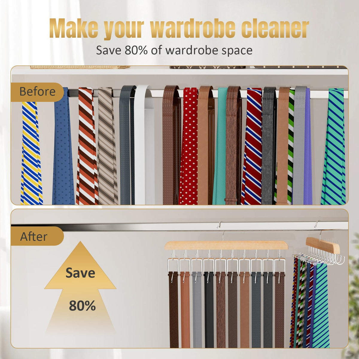 Tie Rack & Belt Hanger 2 in 1 Tie Hanger Space Saving 20 Hooks Hangers for Closet Max 30 Belts with 30 Ties Capacity