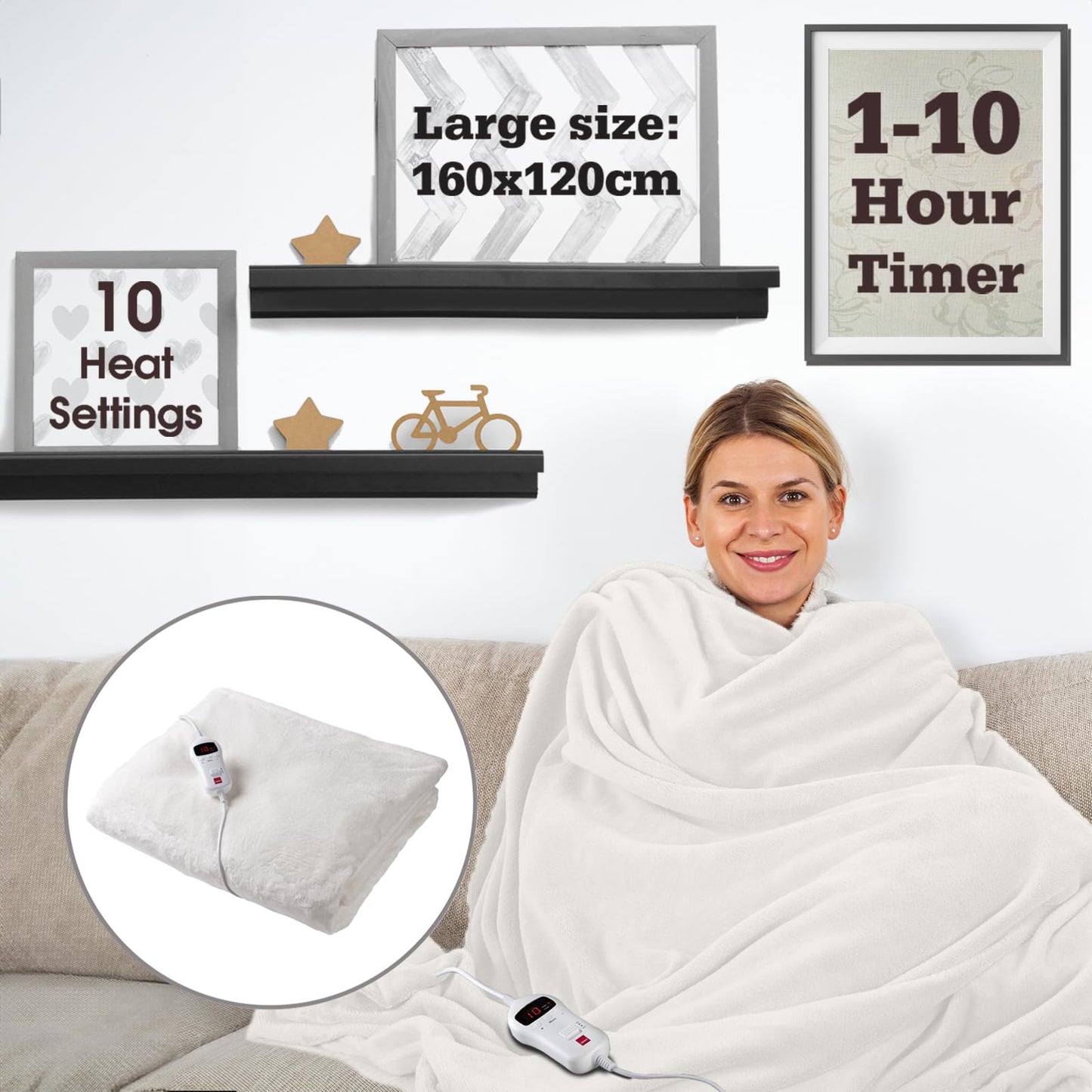 Sensio Home Luxury Heated Throw Electric Blanket Cream, Flannel Fleece with Teddy Fleece On The Inside, Machine Washable, Digital Remote with 10 Heat