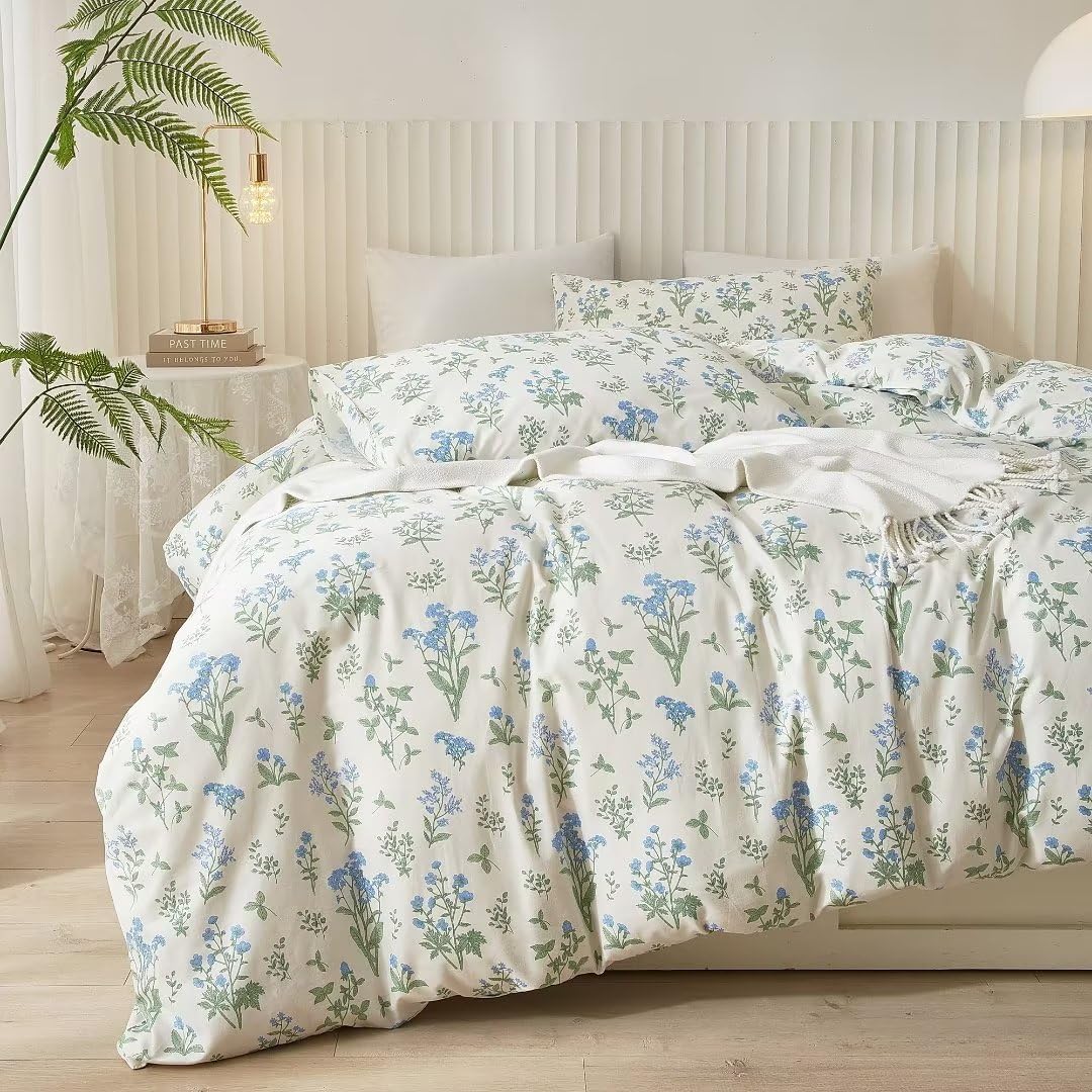 Ruccit White Floral Duvet Cover Set Double 100% Cotton Duvet Cover Double Bed 3pcs Garden Blue Green Chic Flower Bedding Set with Zipper Closure