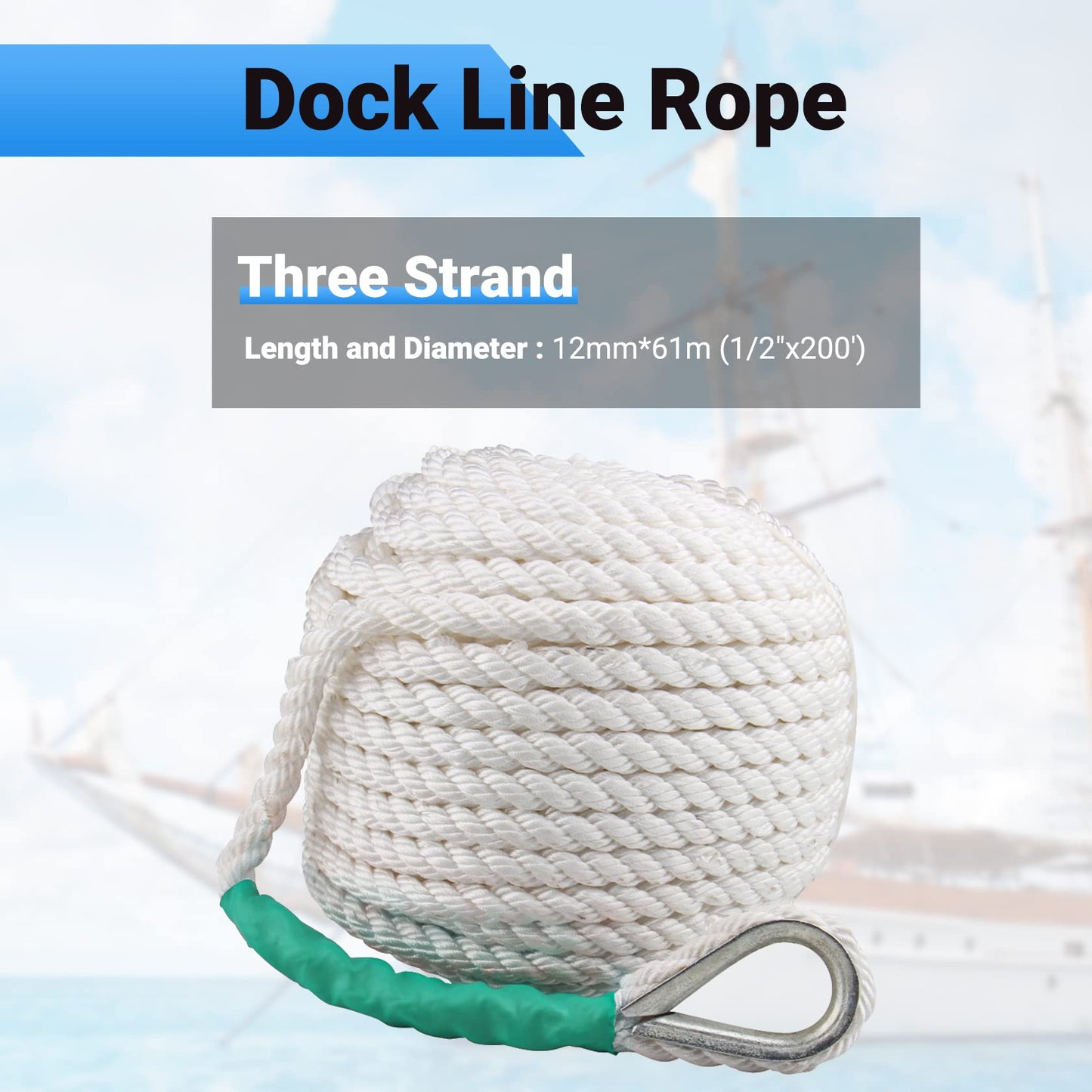 CarBole Nylon Mooring Rope, Multi-functional Dock Line Rope 12mm*61m for Survival | Boating | Sports | Camping | Sailing | Hiking (White) (5850LB)