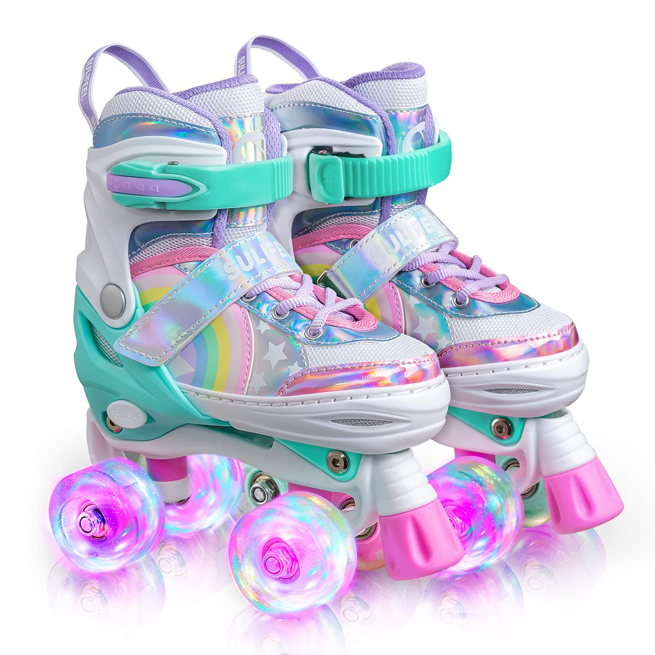 SULIFEEL Rainbow Unicorn 4 Size Adjustable Light up Roller Skates for Girls Boys for Kids - Small 9C-12C UK