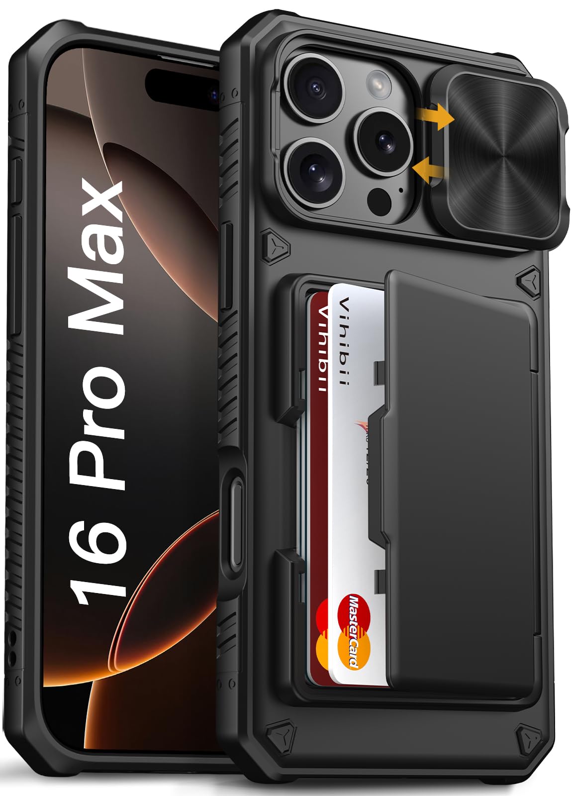 Vihibii for iPhone 16 Pro Max Case with Card Holder (4 Cards) [RFID Blocking] & Slide Camera Cover, Military Grade Drop Protection, Rugged Hard Back &