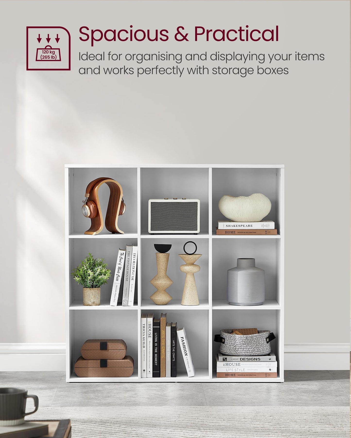 VASAGLE Bookcase, Bookshelf, Storage Shelf with 9 Compartments, Standing Shelf, Cube Shelf, for Living Room, Home Office, Dinning Room, Cloud White