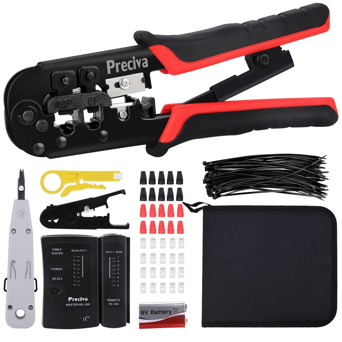 RJ45 Crimp Tool Kit, Preciva 97-in-1 Ethernet Crimping Network Toolkit for 8P/6P RJ11, RJ12, RJ45, CAT5, CAT5E, Computer Maintenance LAN Cable Tester