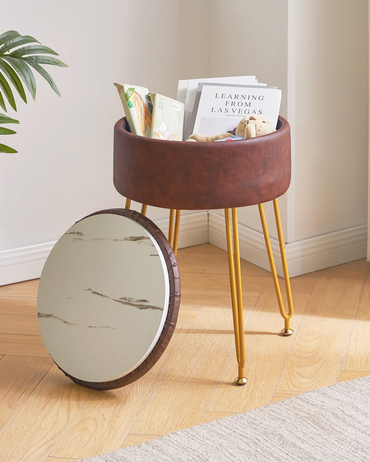 IBUYKE Faux Leather Round Footrest Stool with Storage, Dark Brown WBD024Z