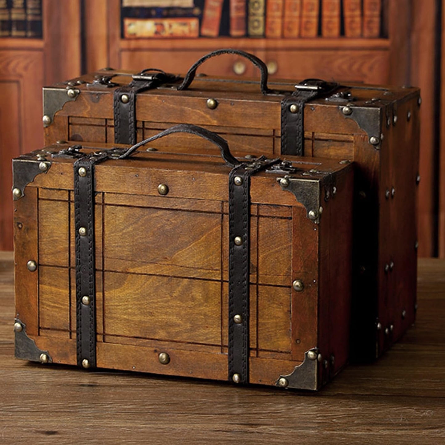 Fockety Pirate Treasure Chest Storage Box, 11-13in Vintage Wooden Treasure Chest with Hinged Lid