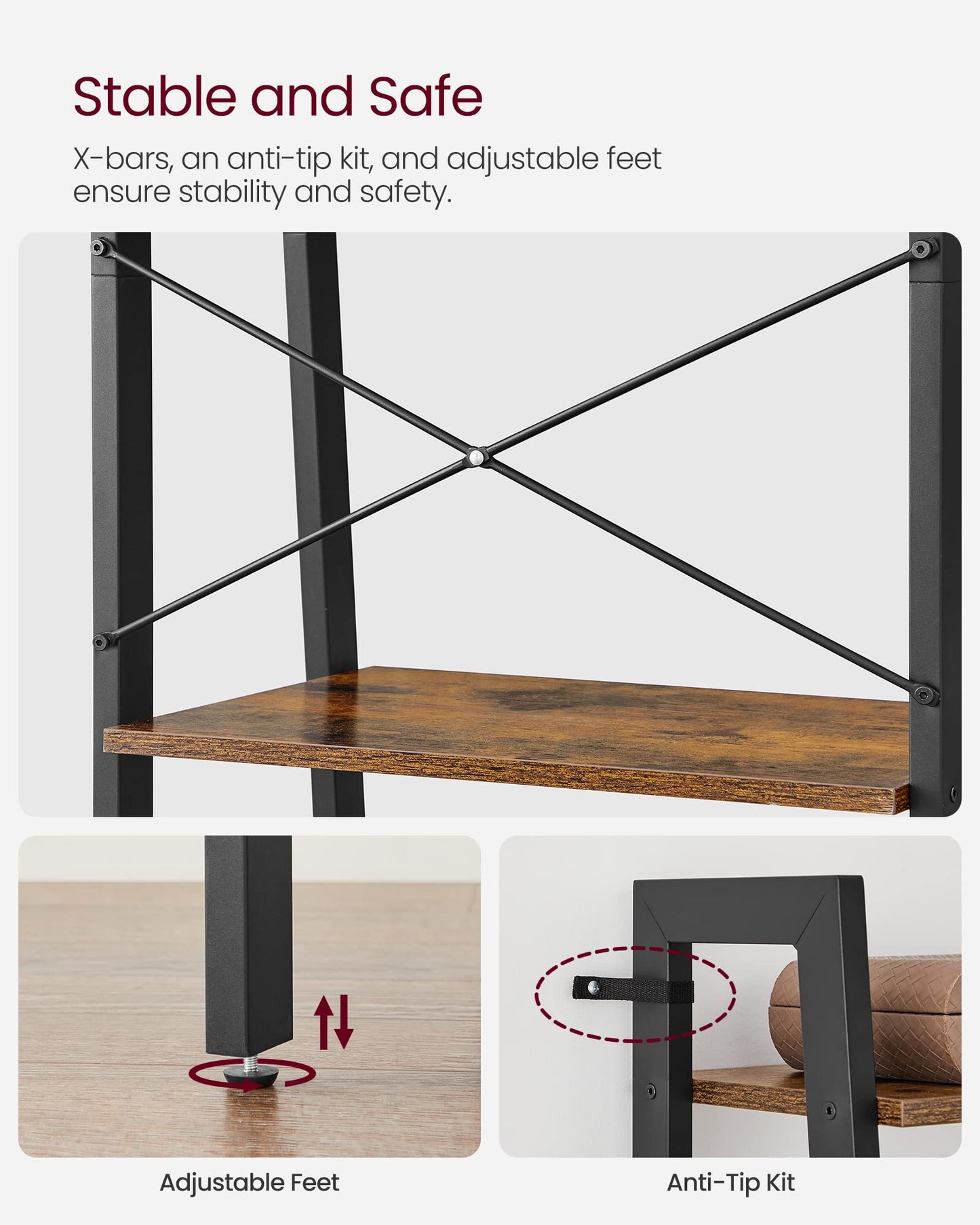 VASAGLE Ladder Shelf, Bookshelf, 4-Tier Industrial Storage Rack for Living Room, Bedroom, Kitchen, Rustic Brown and Black LLS44X
