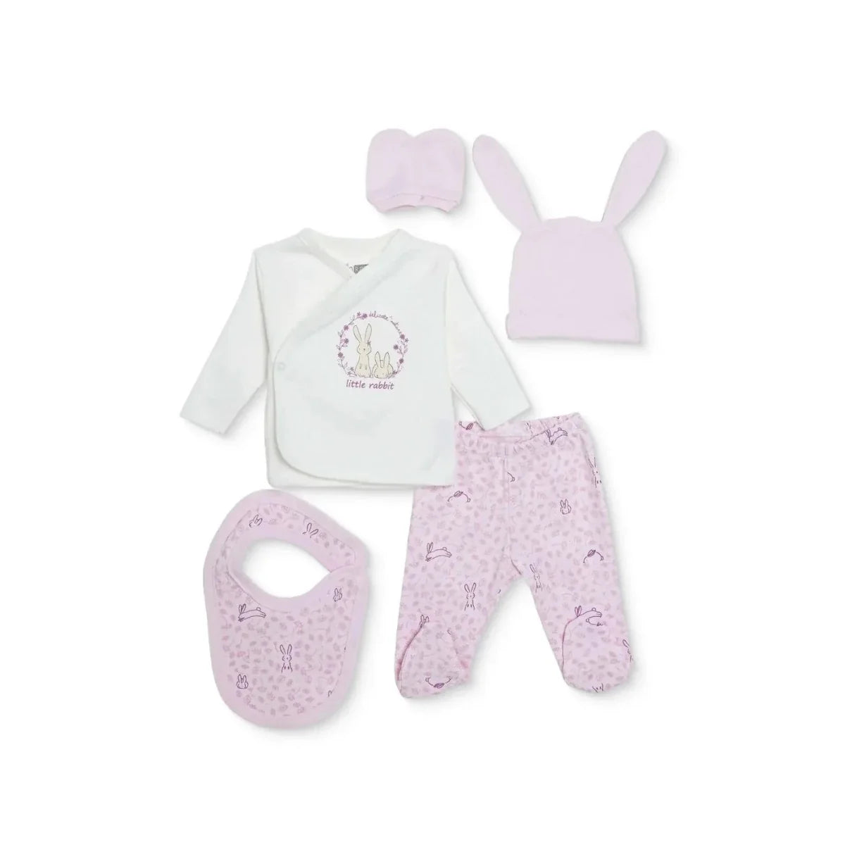 HelloBaby Girls 5-Piece Newborn Hospital Box Set Animal Print Snap Fastening Envelope Neck Full Leng - Ecru
