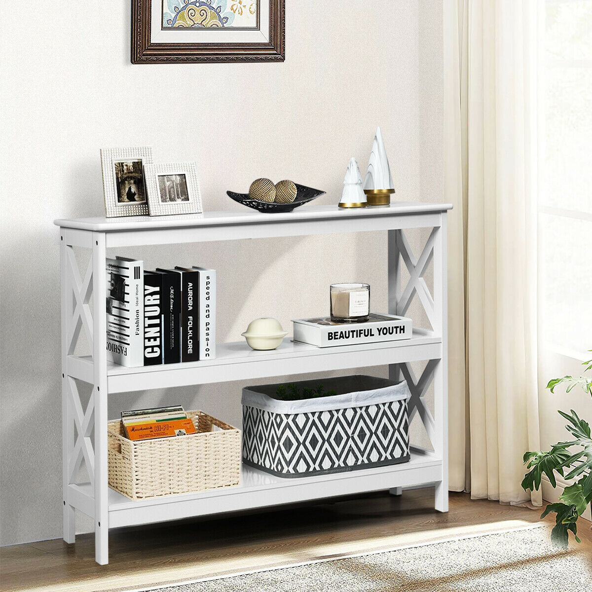 Industrial 3-Tier Console Table with Storage Shelf-Brown