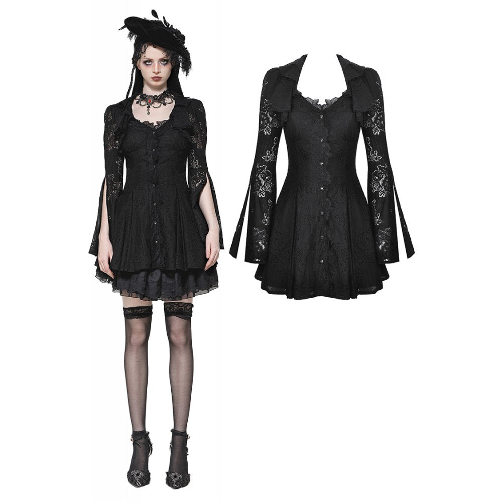 Dark in Love Luca Black Hollow Lace Gemstone Button Adjustable Waist Dress