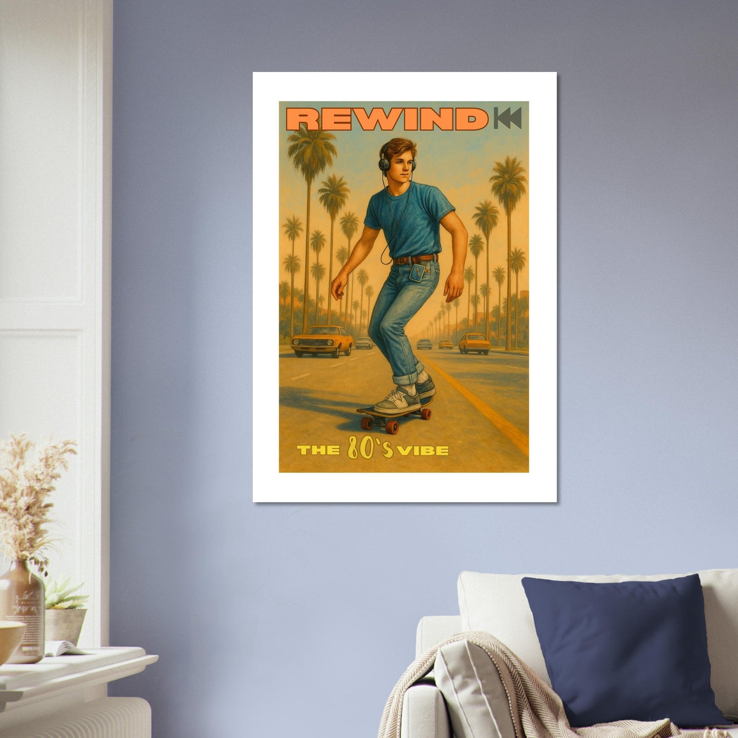 Retro 80's Vibe Poster – Skateboarder with Walkman | Vintage Wall Art
