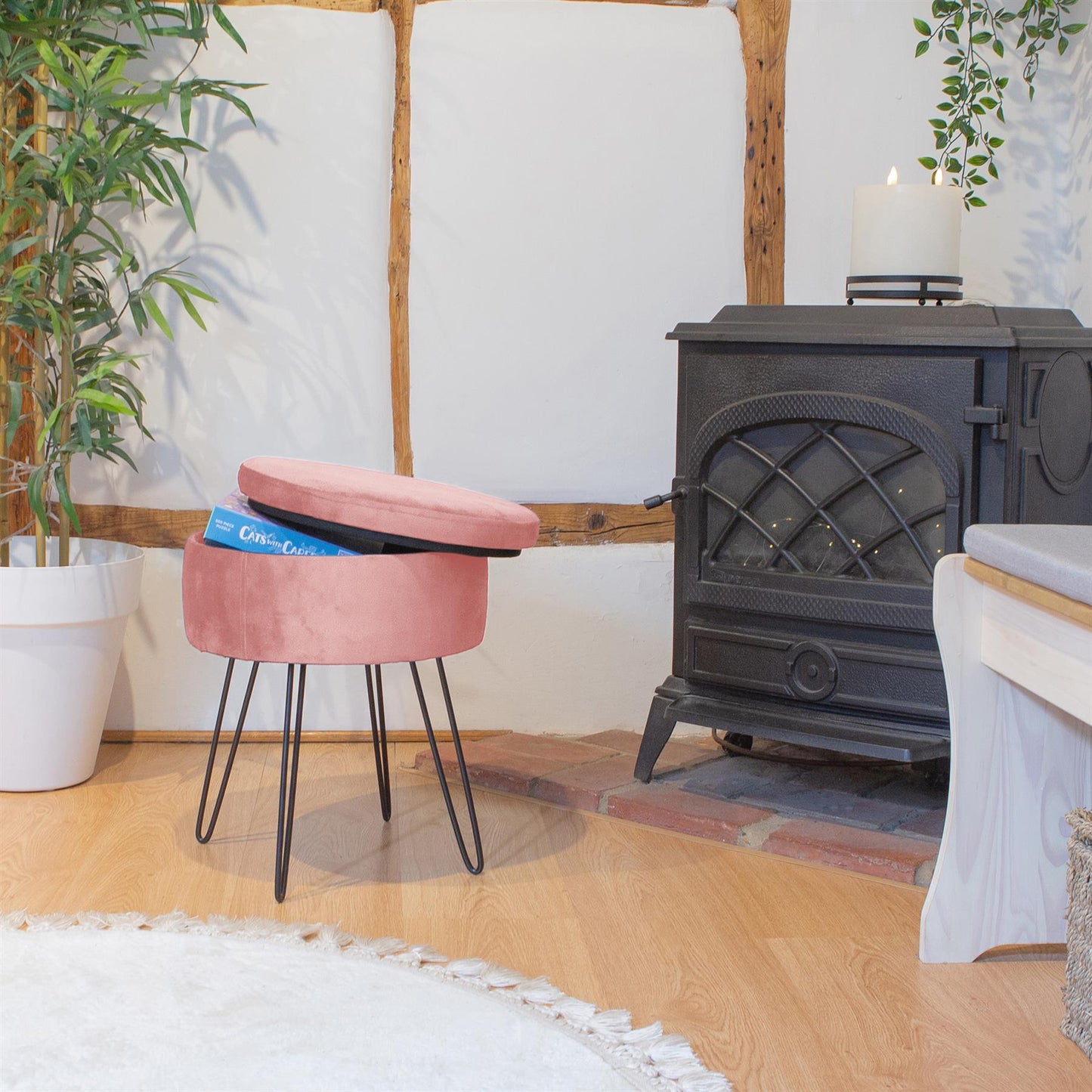 Pink Round Velvet Storage Footstool