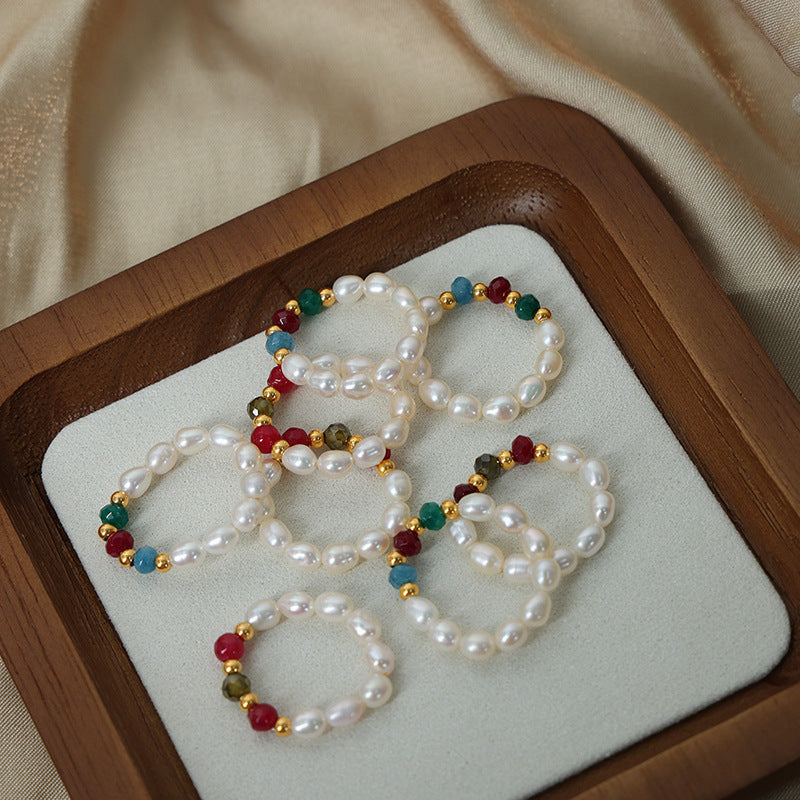 Freshwater Pearl And Agate Beaded Stretchy Cord Ring