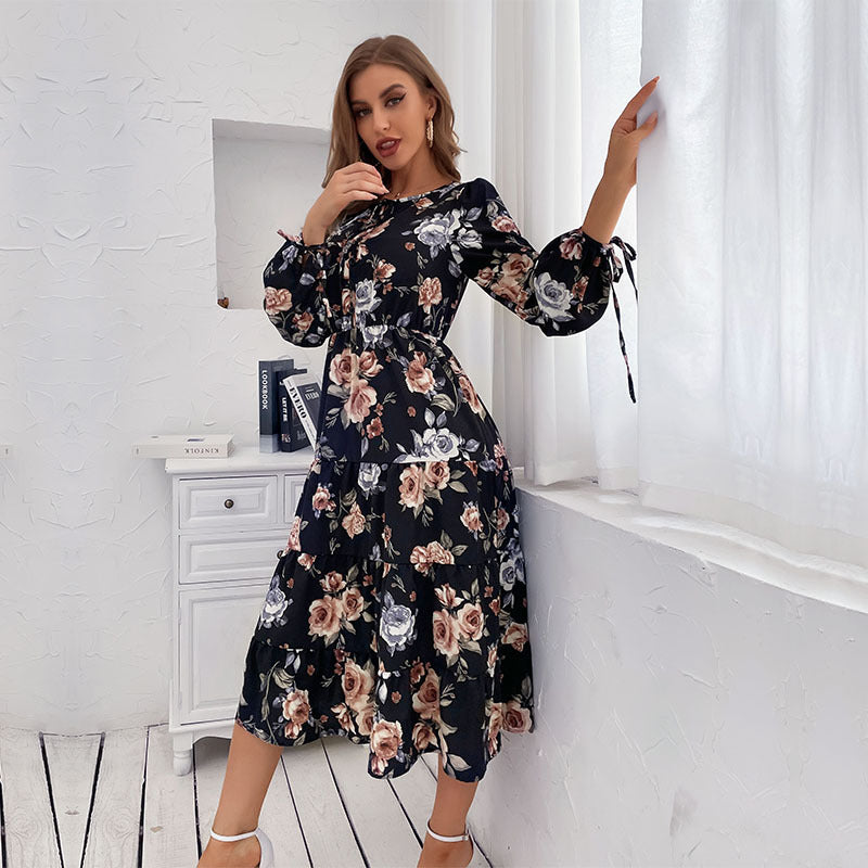 Womens Crew-neck Long-sleeve Tie-dye Printed Dress