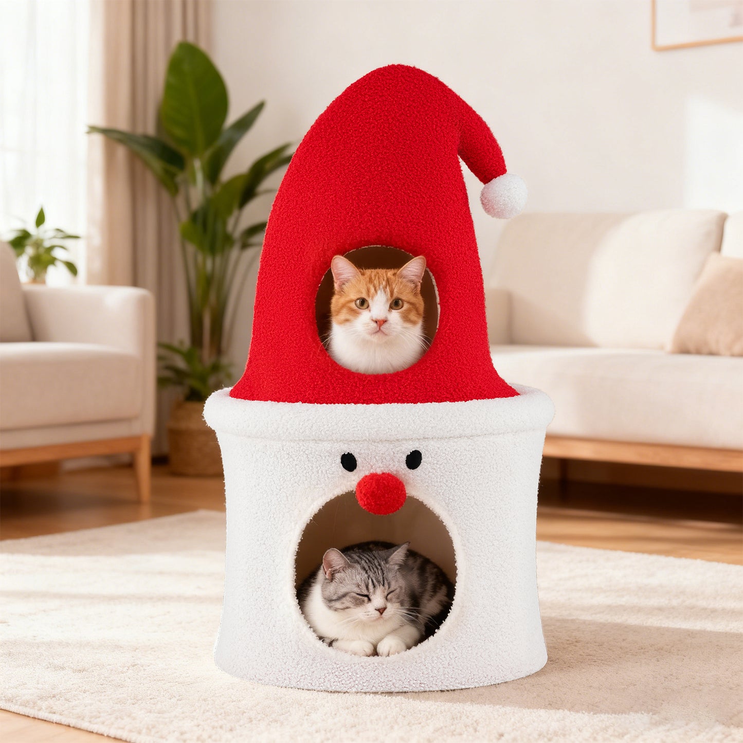 75CM Modern Cute Cat Tower with Enclosed Padded Top Perch and Condo-White & Red
