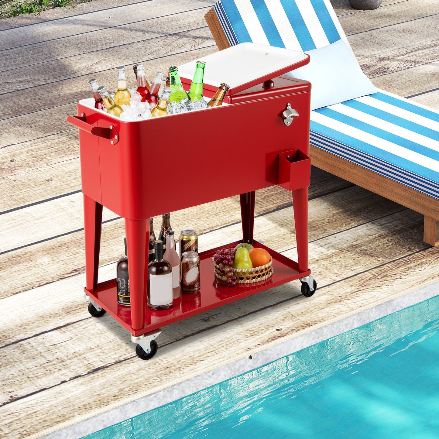 75 L Portable Patio Rolling Ice Chest with Bottom Storage Shelf-Grey