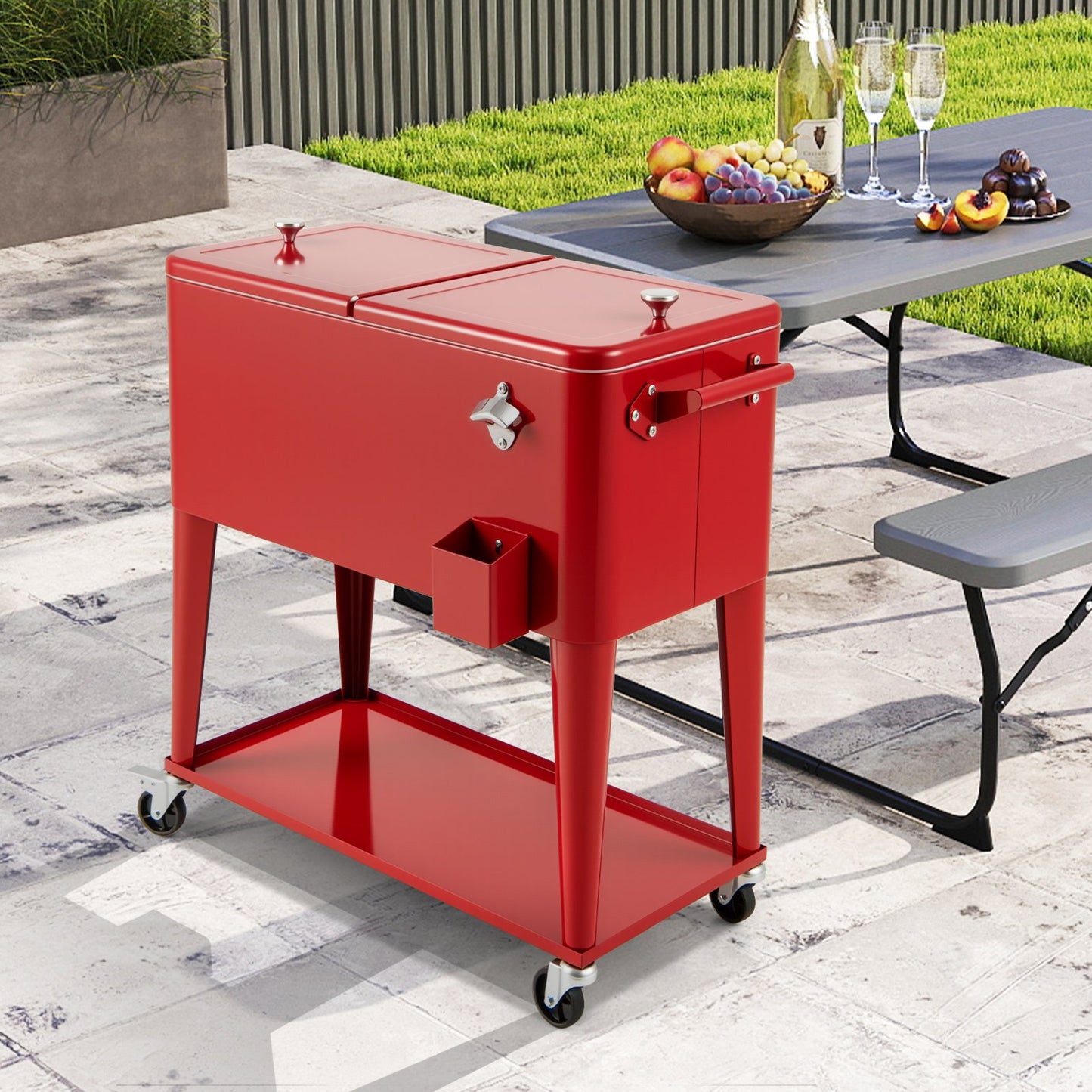 75 L Portable Patio Rolling Ice Chest with Bottom Storage Shelf-Grey