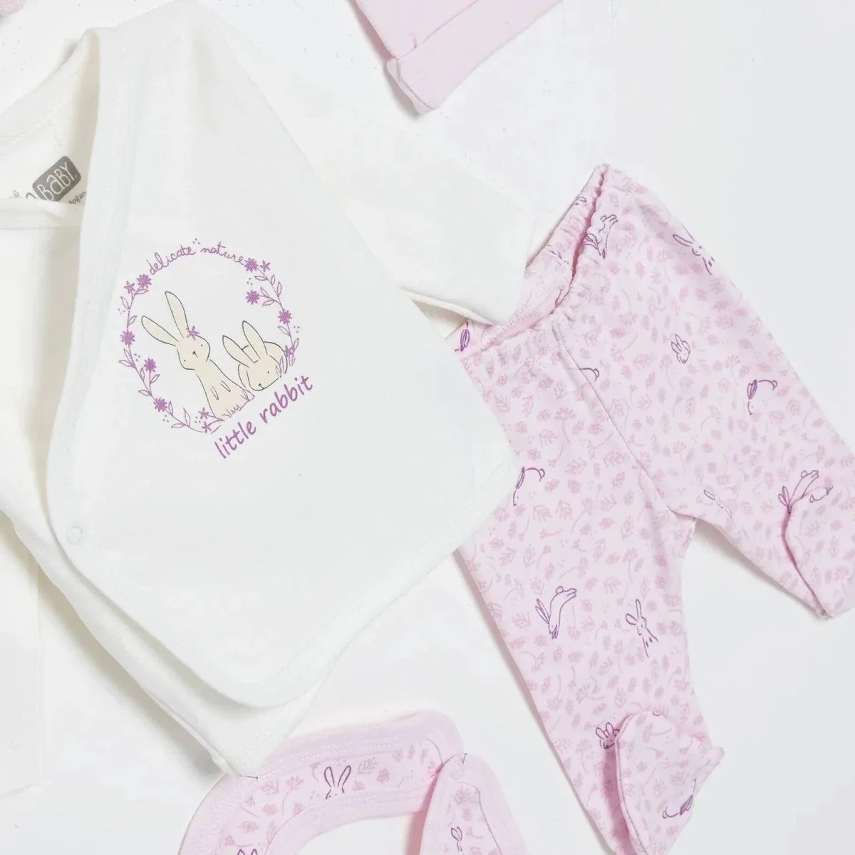 HelloBaby Girls 5-Piece Newborn Hospital Box Set Animal Print Snap Fastening Envelope Neck Full Leng - Ecru
