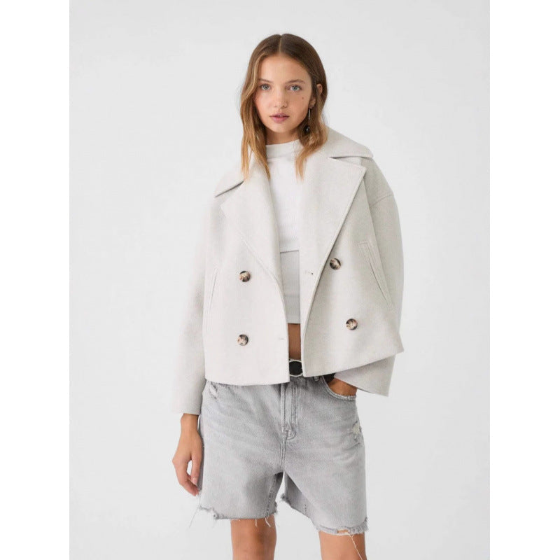 Ins Double-breasted Lapel Blazer Jacket Fashion Loose Woolen Short Coat Elegant Commuting Women's Clothing