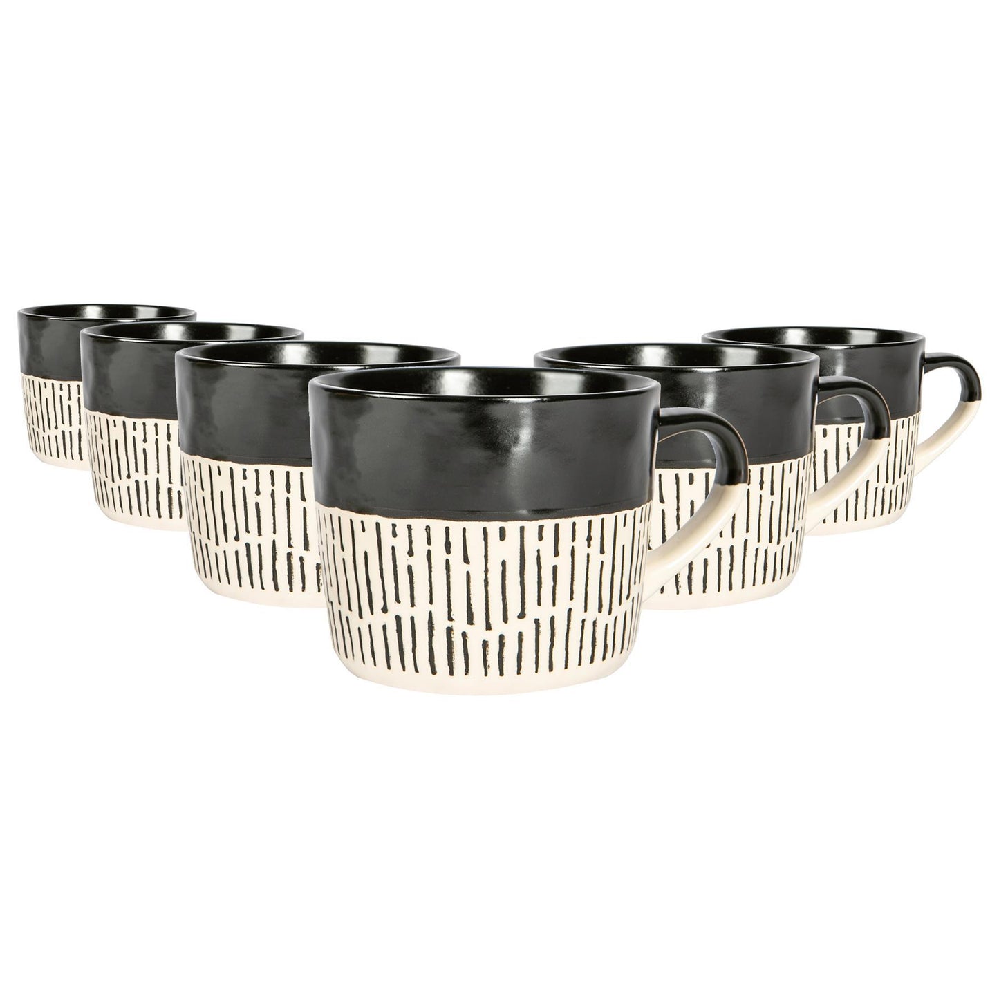450ml Black Colour Block Dash Stoneware Coffee Mugs - Pack of Six