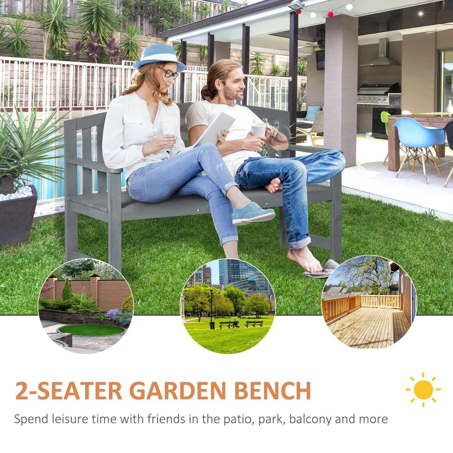 Outsunny 2 Person Garden Bench Wooden Outdoor Furniture with Armrest Grey