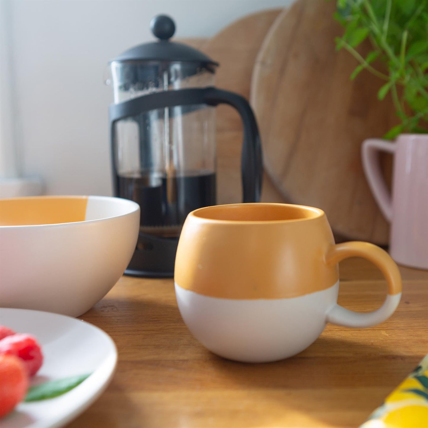 340ml Mustard Colour Block Stoneware Sphere Mugs - Pack of Four