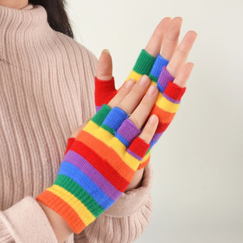 Rainbow Striped Fingerless Gloves - Half Finger Knit Mittens