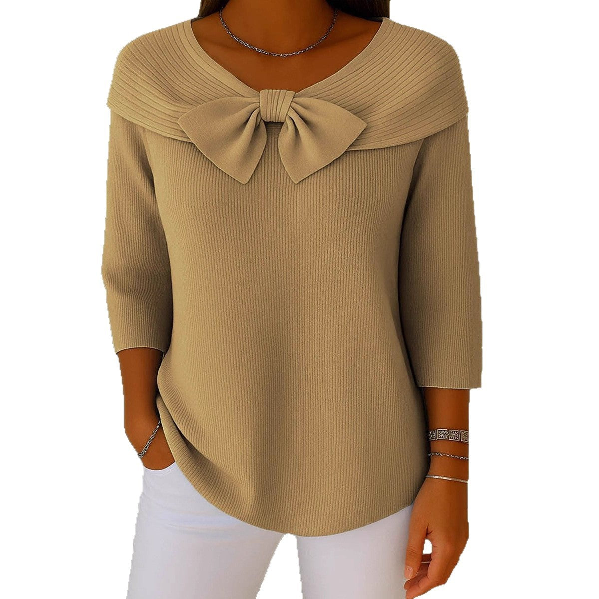 Knitted Bow Solid Color Sweater Autumn And Winter
