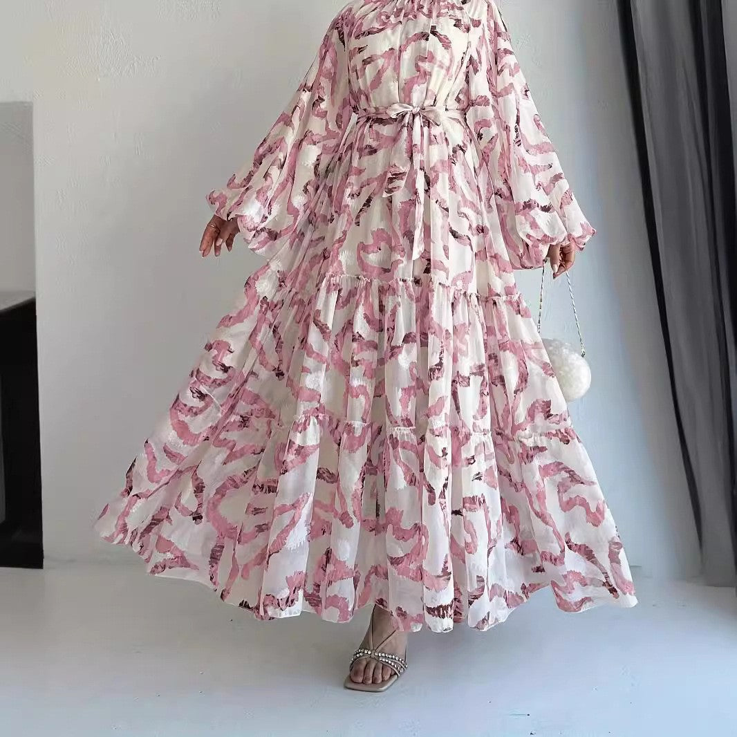 Chiffon Printed Maxi Dress With Beltstylish And Elegant