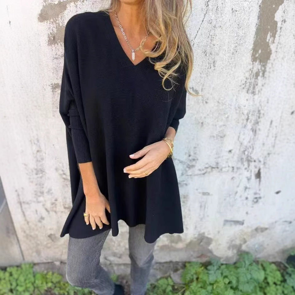 New Autumnwinter Women's Long-sleeve Knitted V-neck Loose-fitting Long Top
