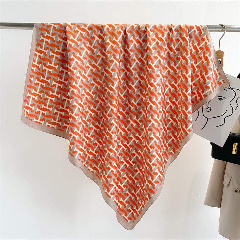 Women's Premium Twill Silk Scarf, Large Printed 90/90cm Striped Square Scarf
