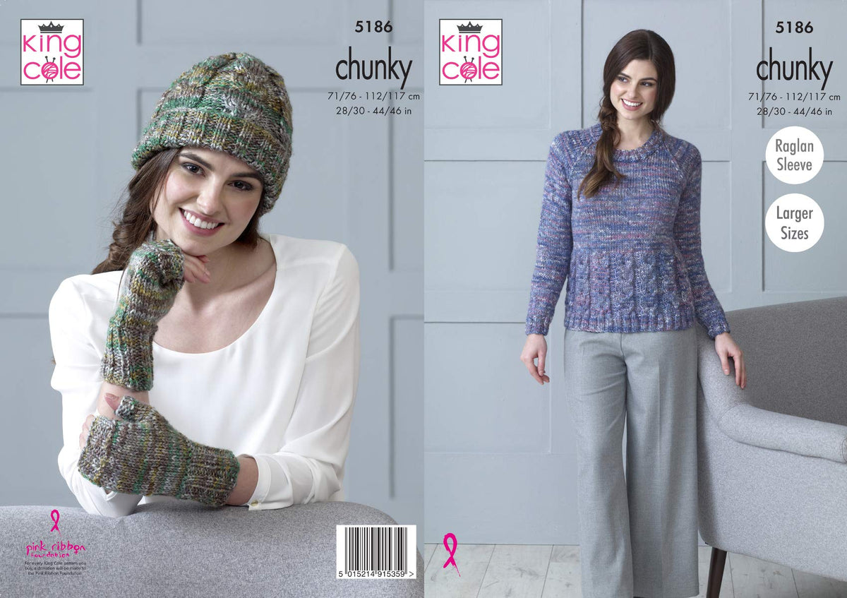King Cole 5186 Knitting Pattern Womens Sweater Hat and Fingerless Mitts in Shadow Chunky