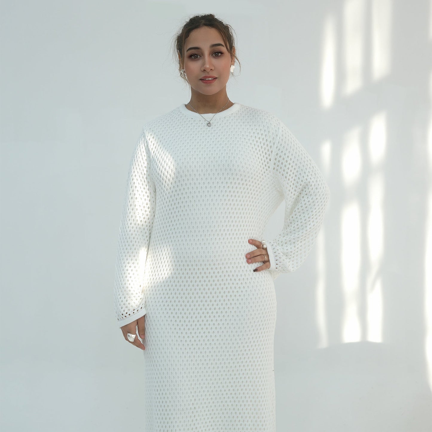 Elegant Hollow-Out Knit Dress - Modest A-Line Long Sleeve