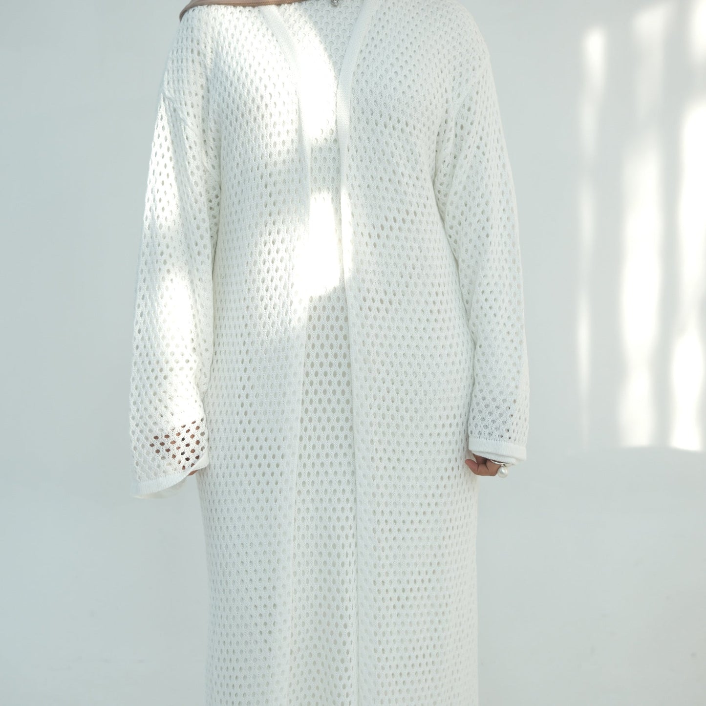 Elegant Hollow-Out Knit Dress - Modest A-Line Long Sleeve