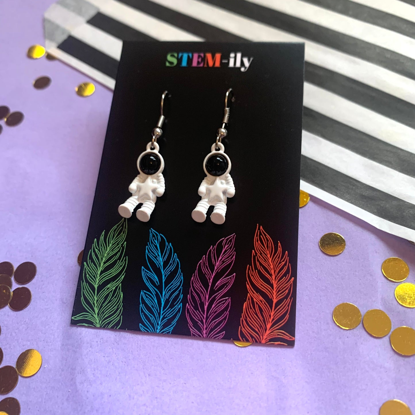 White spaceman astronaut silver drop dangle earrings