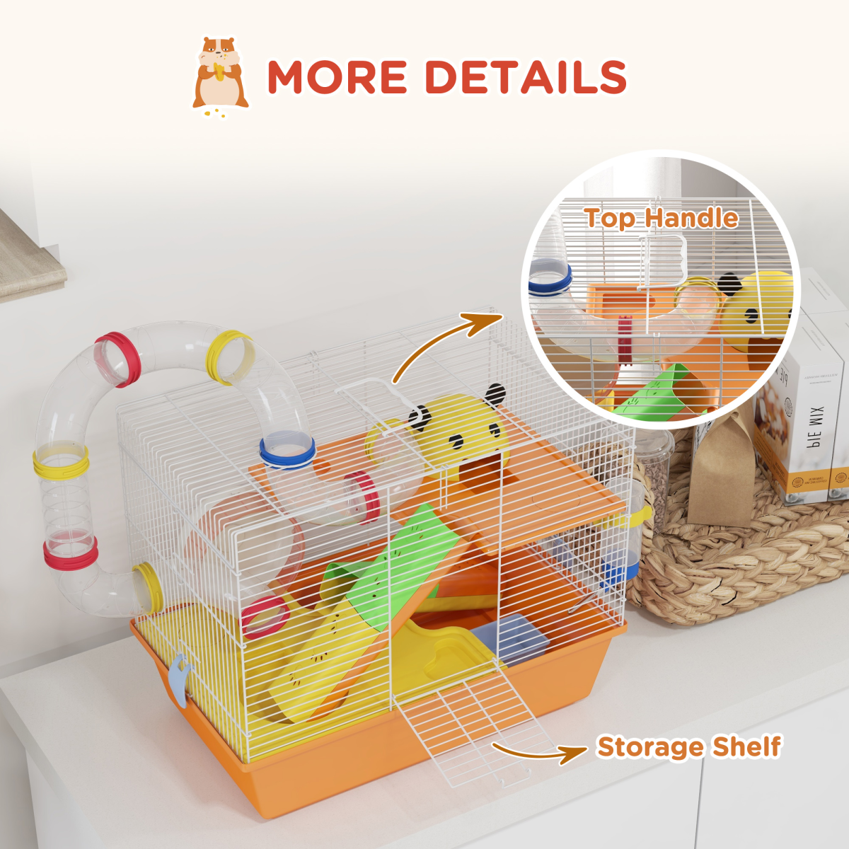PawHut Hamster Cage, 3 Tiers Gerbil Cage for Dwarf Hamsters with Tubes, Ladder