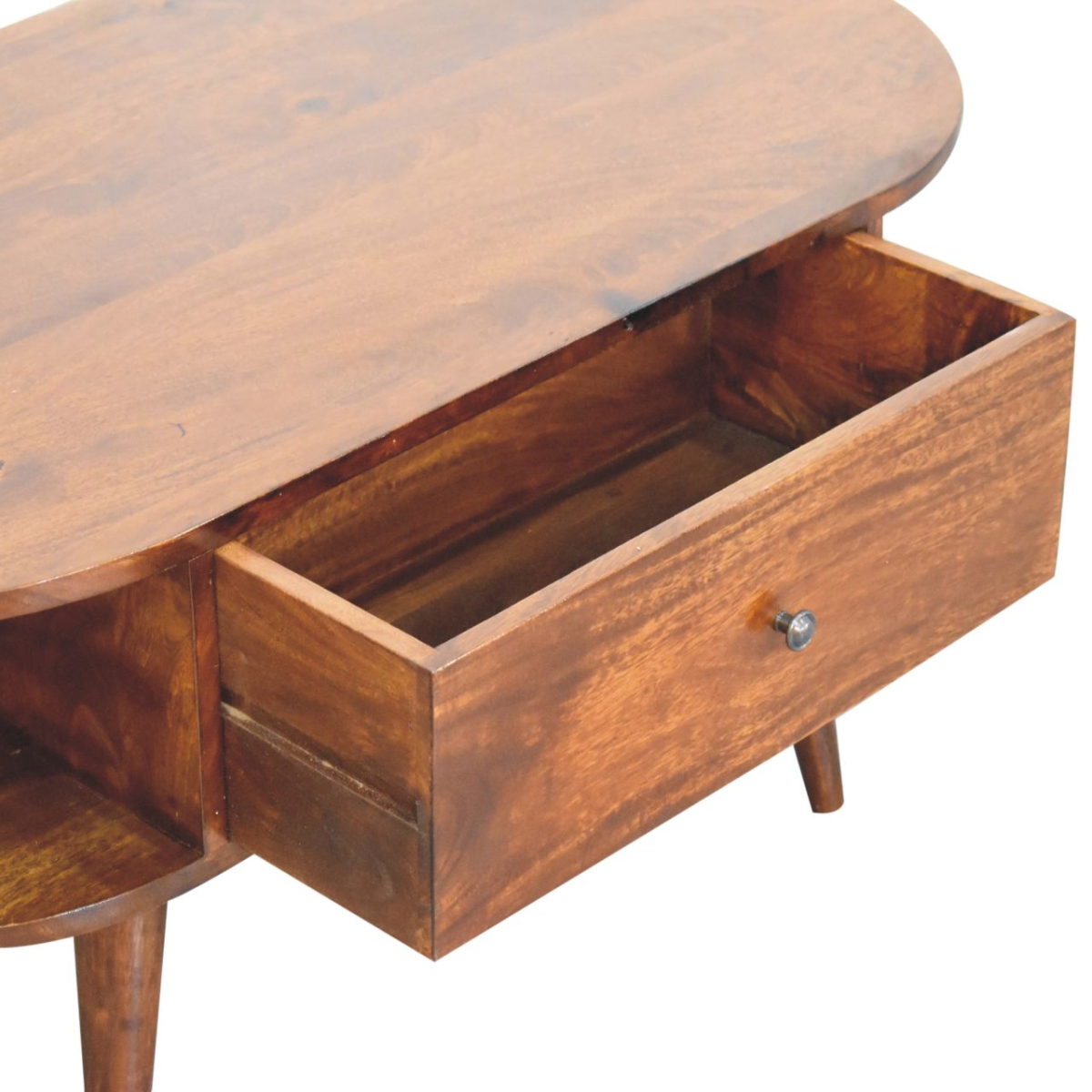 Artisan Furniture Solid Wood Chestnut Oval Coffee Table, 1 Drawer and 2 Open Slots, Dark Brown
