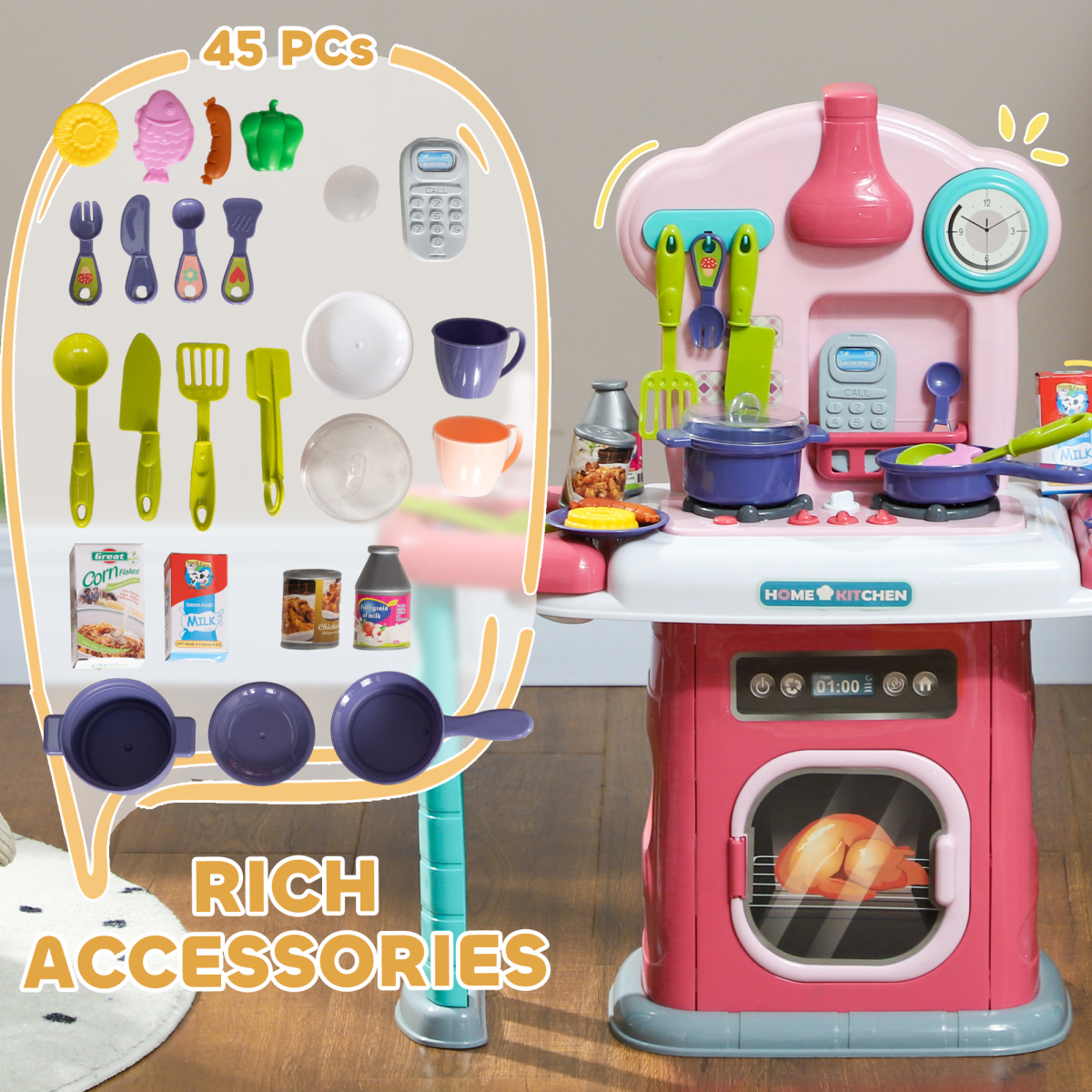 AIYAPLAY 45 Pieces Kids Kitchen w/ Rotating Tables, Light, Sound, Spray
