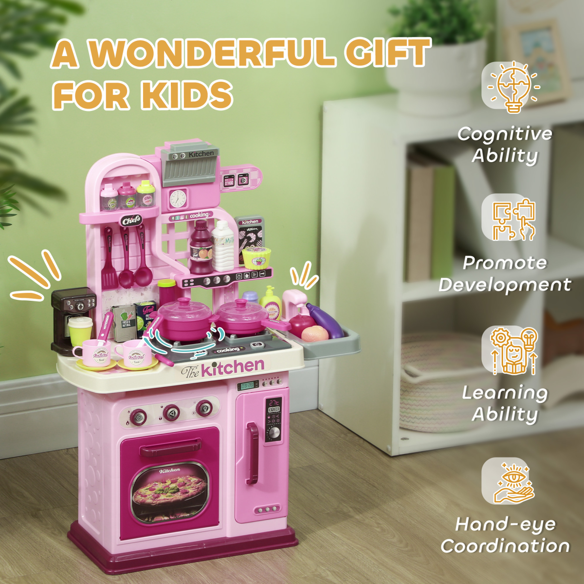 AIYAPLAY Kids Kitchen with 33 Piece Accessories, Lights, Sounds, Storage