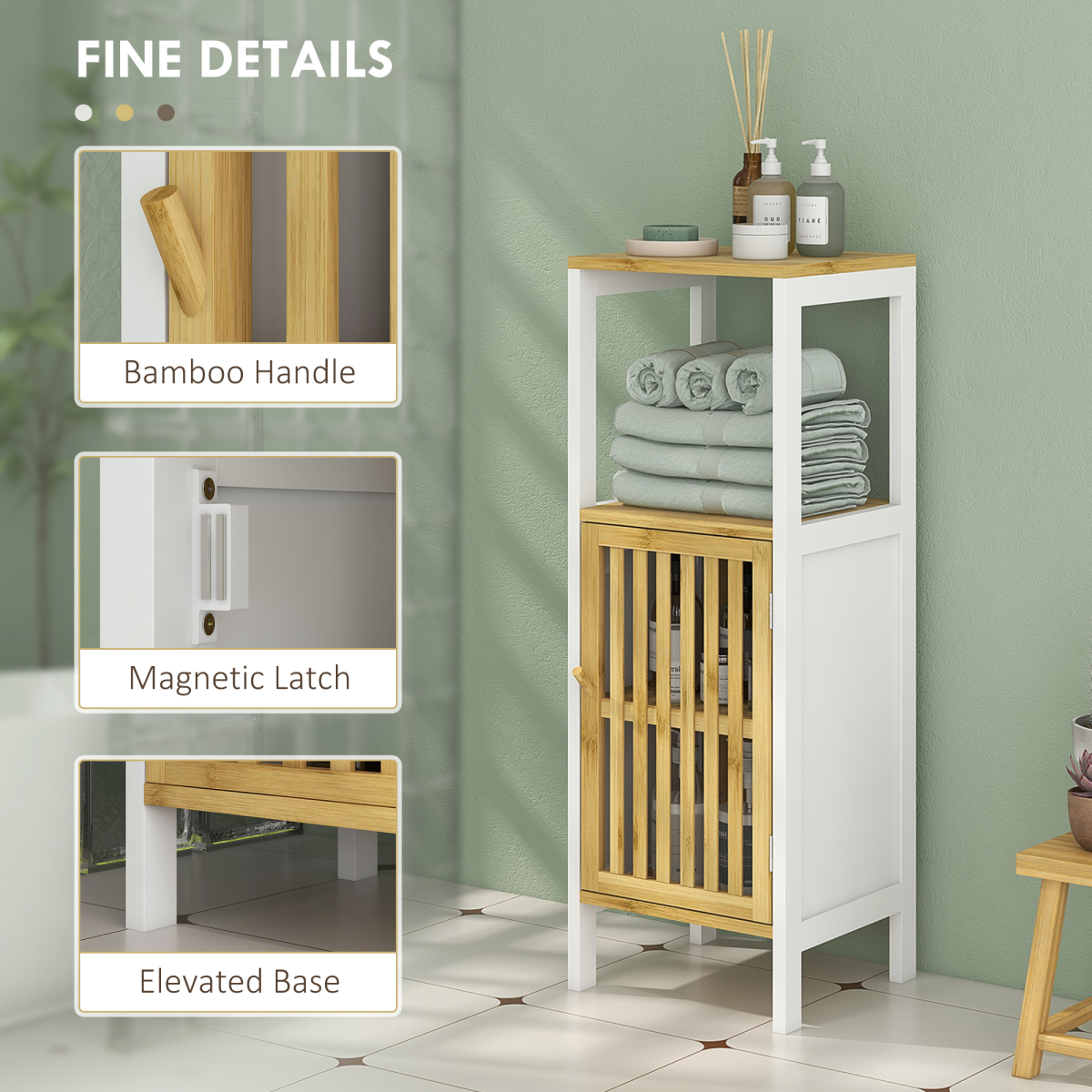 HOMCOM Bathroom Floor Cabinet Bamboo Bathroom Cupboard with Adjustable Shelf
