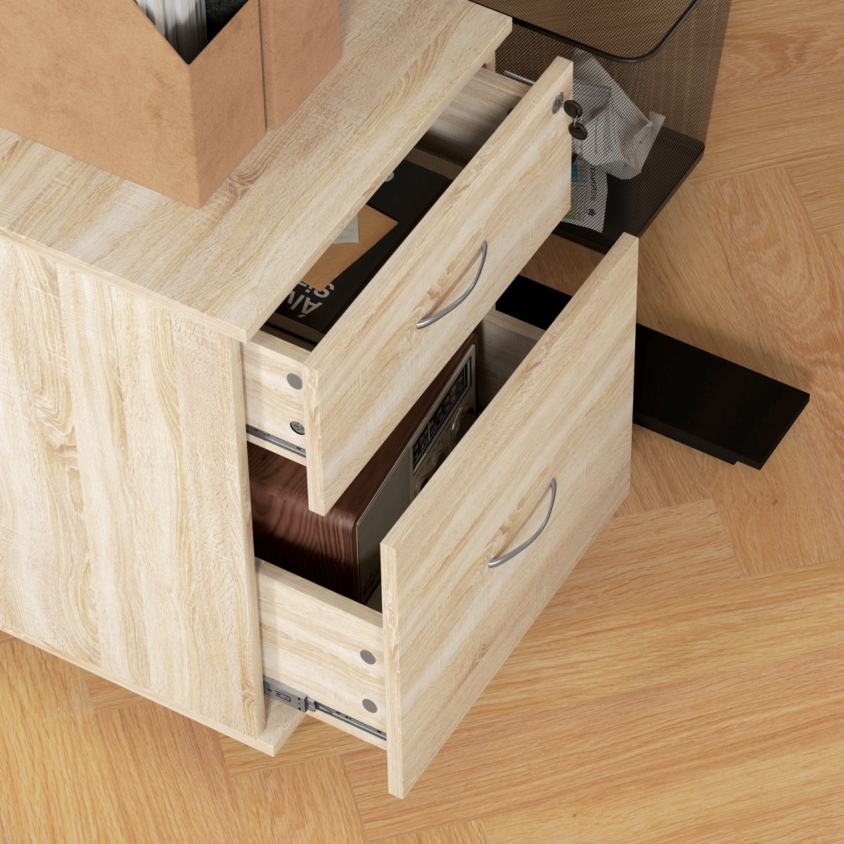 HOMCOM Pedestal Office Mobile Filing Cabinet 2 Drawer Wooden Storage Oak