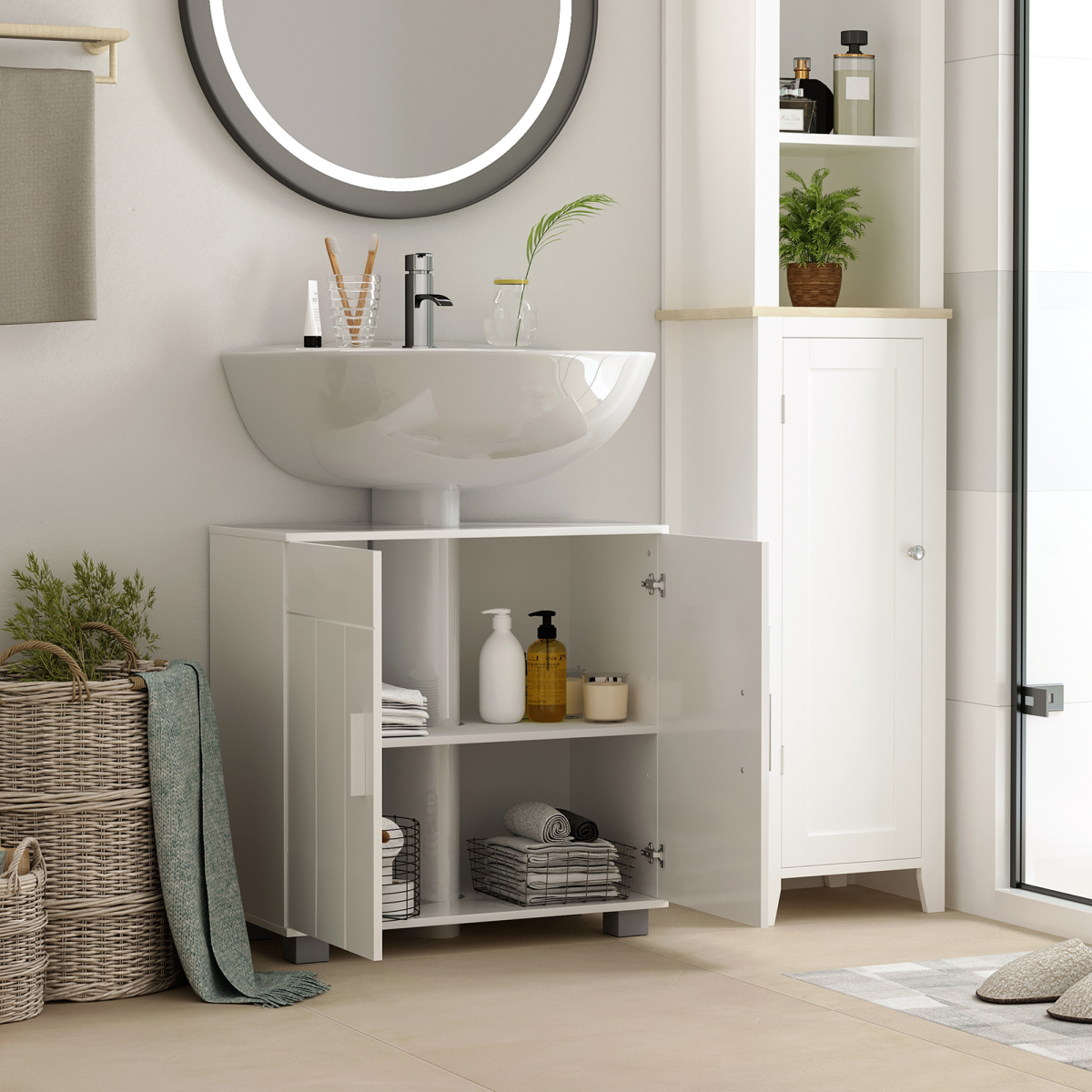 kleankin Bathroom Pedestal Under Sink Cabinet with Adjustable Shelf, White