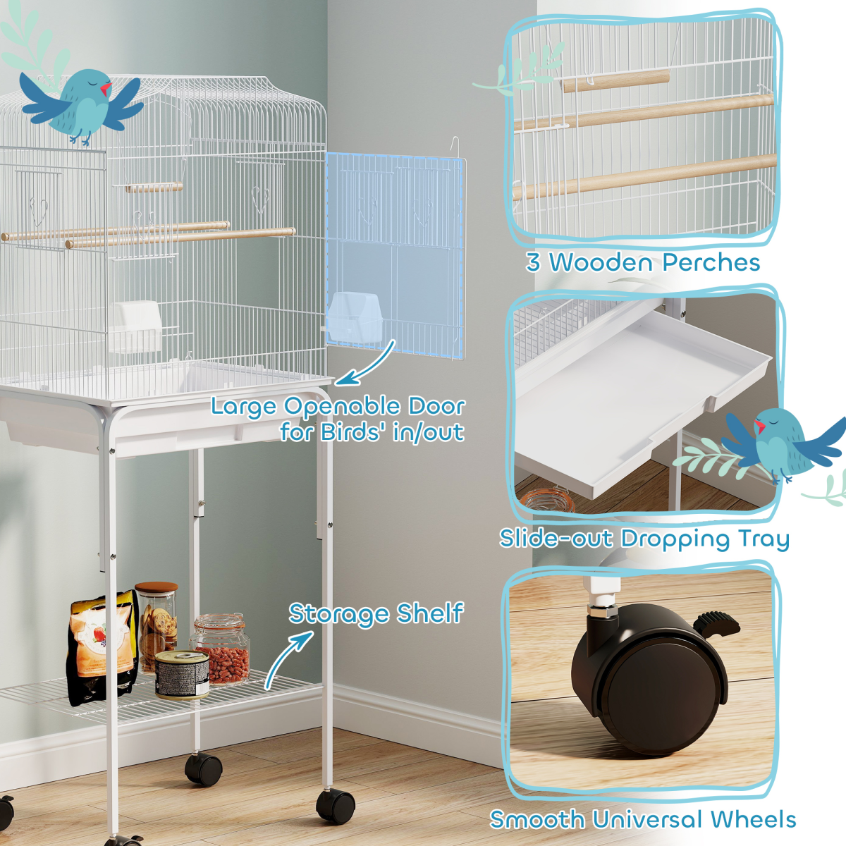 Bird Cage Starter Kit with Detachable Rolling Stand
