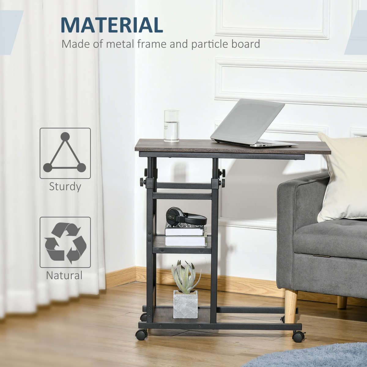C-Shaped Mobile Sofa Bed Side Table Adjust Height 3-Tier Cart w/ Brake