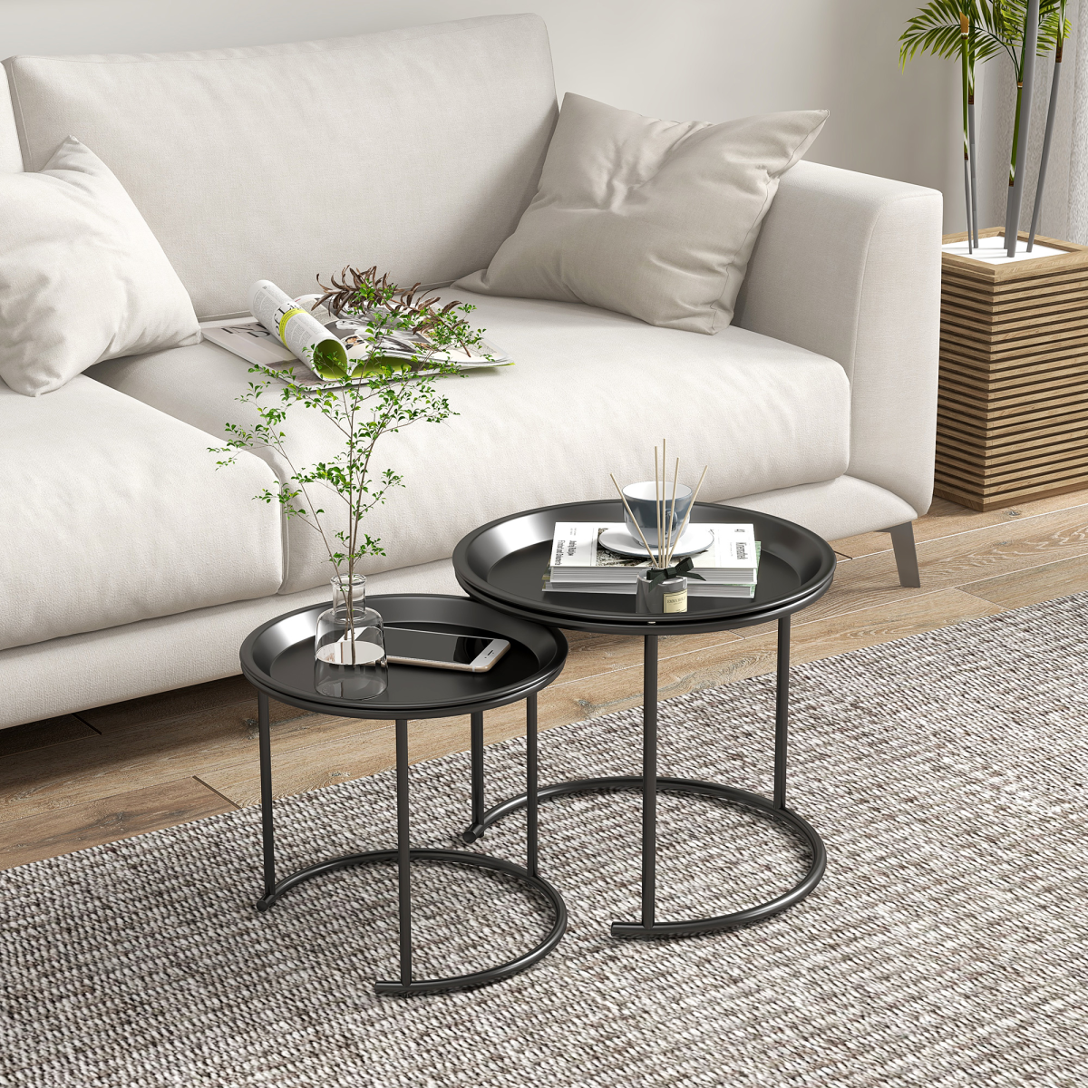 HOMCOM Nesting Tables Set of 2, End Table with Removable Tabletop Tray White