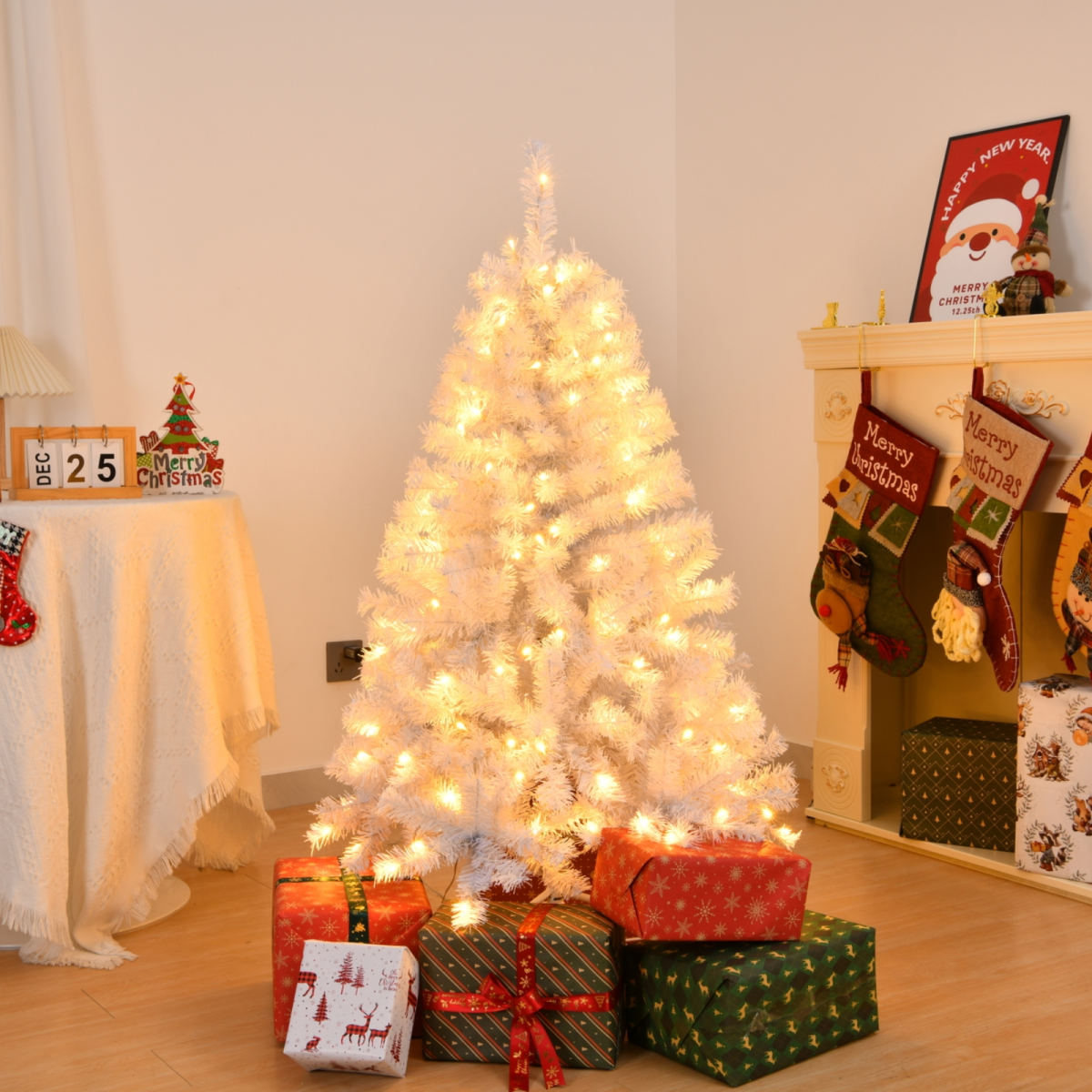 4 FT Pre-lit Artificial Christmas Tree, Hinged Xmas Pine Tree with 346 Branch Tips, 140 Lights and Remote Control for Holiday Party Office Home, White
