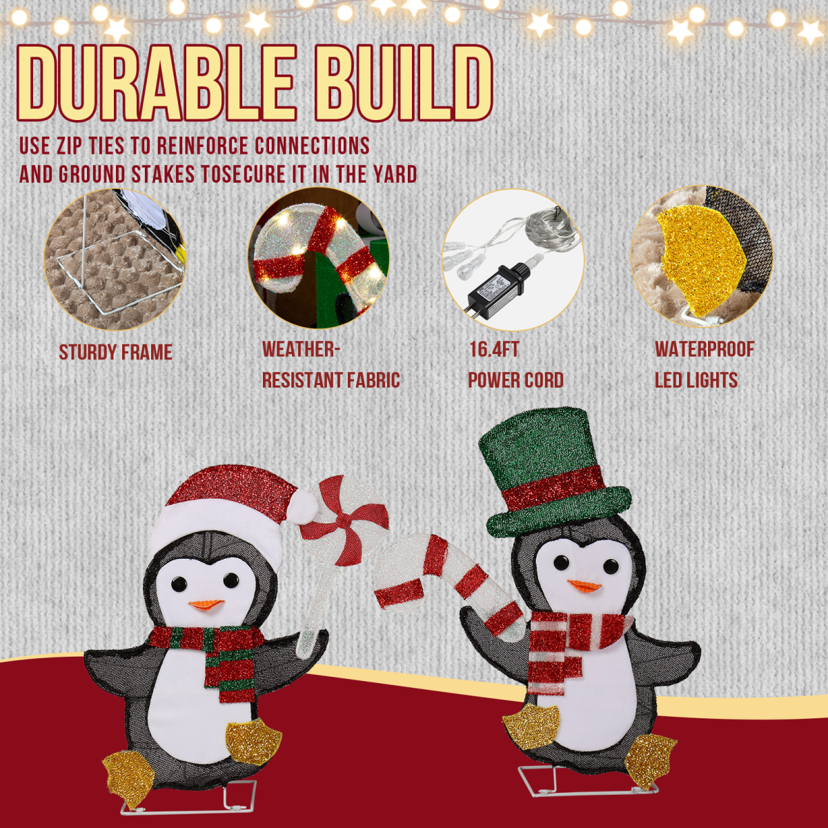 Set of 2 Lighted Penguin and Candy Cane Christmas Decorations, Pre-lit 2D Holiday Decor with 80 Warm White LED Lights for Xmas Outdoor Indoor Decor Lighted Holiday Displays